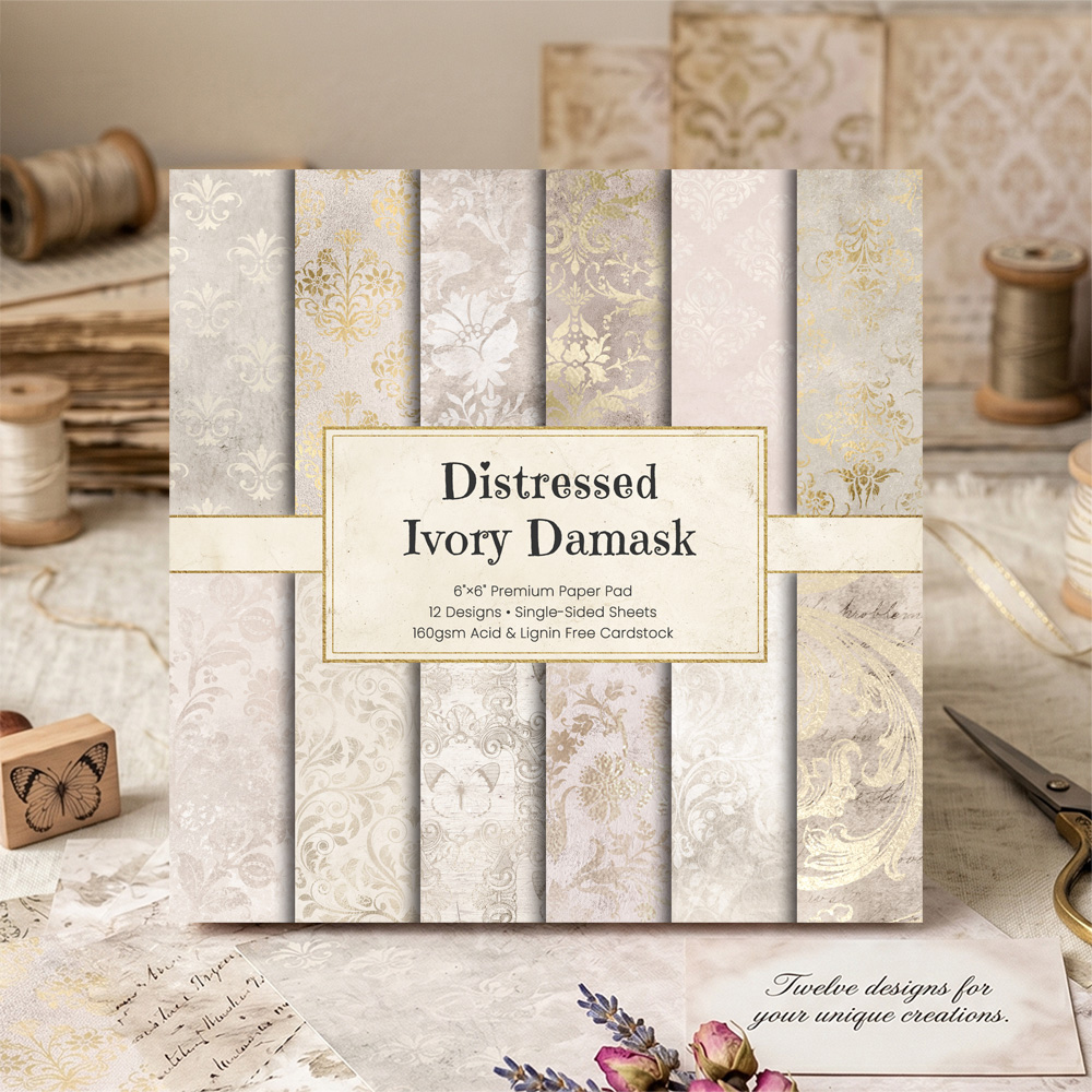 Vintage Junk Journal Scrapbooking Paper - 12/24/36장 6인치 빈티지 아이보리 다마스크 스크랩북