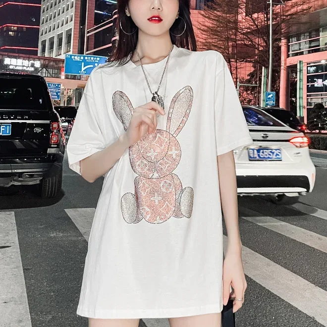 여성용 여름 캐주얼 티셔츠: 다이아몬드 카툰 프린트 반 - Embroidery 리뷰 및 가격