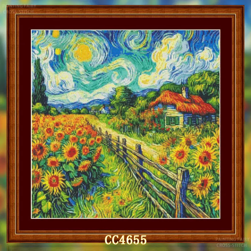 [CC4656-반 고흐 시리즈 해바라기 농장] 초보자를 - Cross Stitch Stamped Kits Beginners 리뷰 및 가격